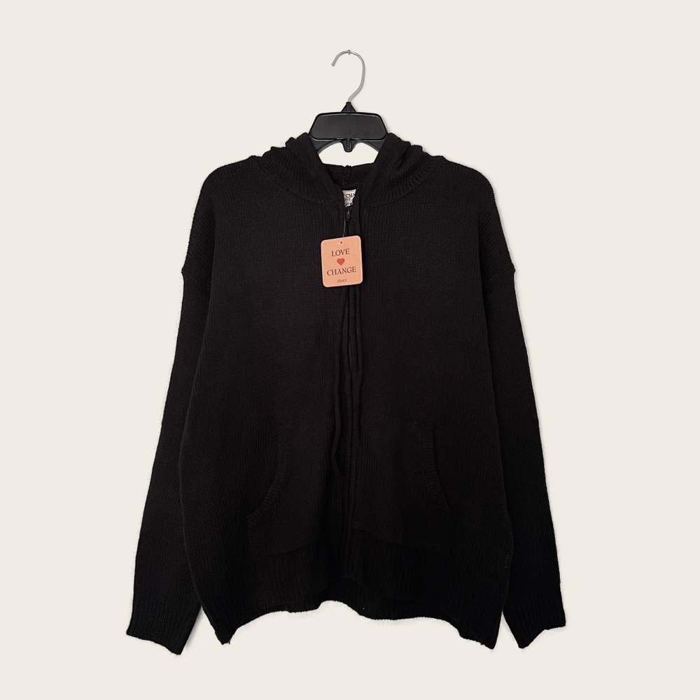 Love Change Italy Black Knit Full Zip Drawstring Hoodie